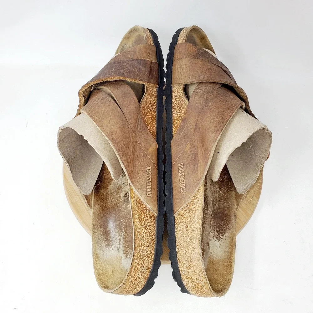 Birkenstock Lugano Sandals 44 Mens 11 Tobacco Oiled Leather Straps Shoes